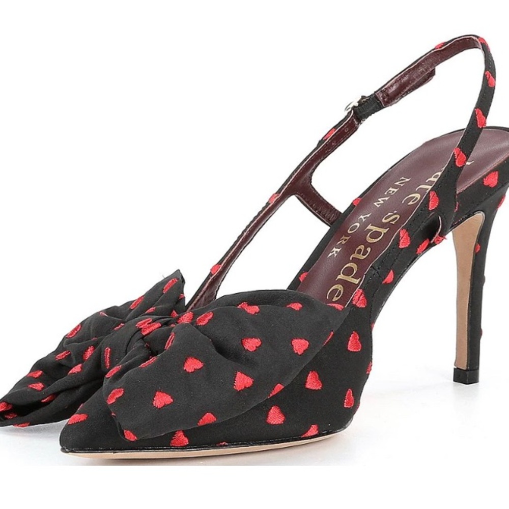 Black taffeta with small red hearts and beautiful bow. Heel 3-4 inches.  NEW!!!!